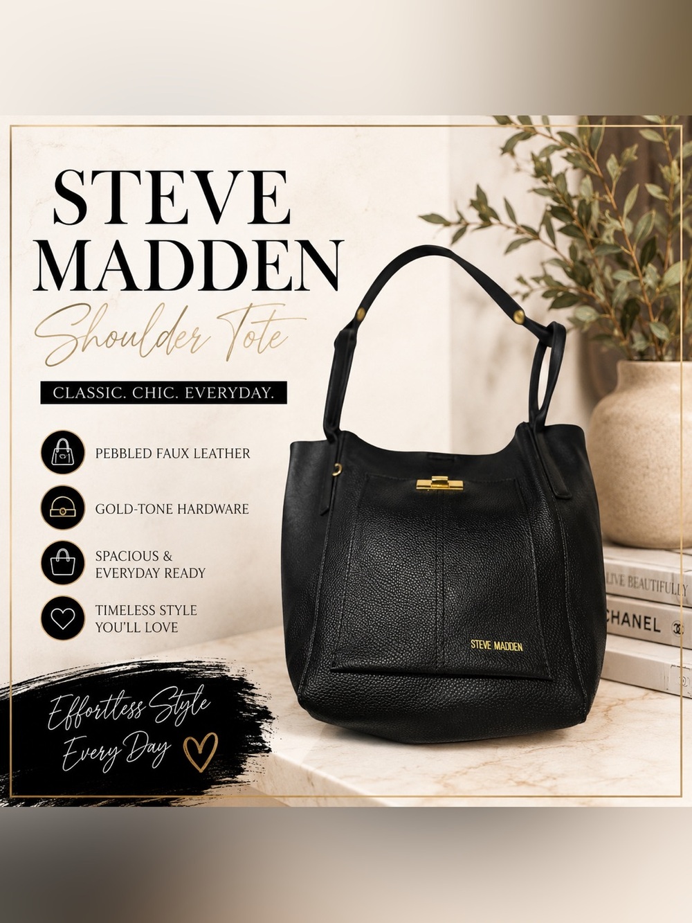 Steve Madden Black Pebbled Faux Leather Shoulder Tote Hobo Bag Gold Hardware